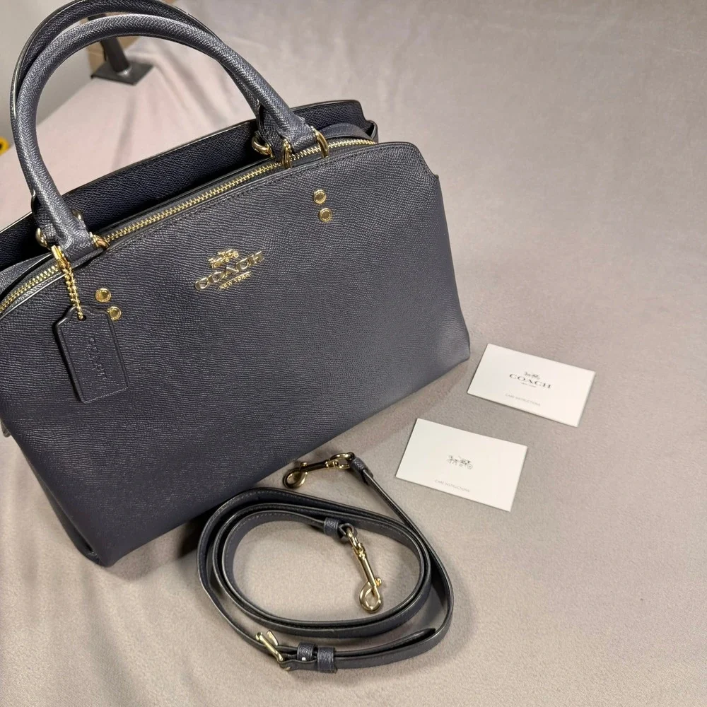 Coach Lillie Carryall Satchel Crossgrain Leather Dark Navy Gold Hardware 91493